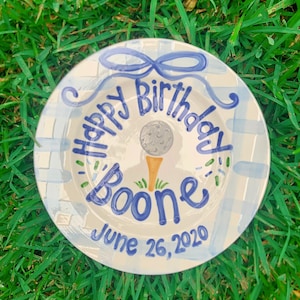 Golf preppy birthday plate // blue gingham and ribbon // first birthday // little golfer // hole in one // 1st birthday // fore par tee