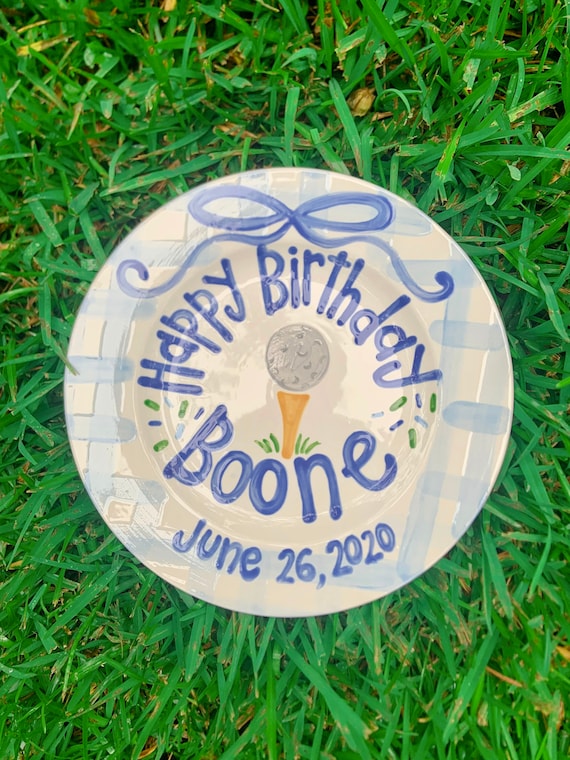 Golf preppy birthday plate // blue gingham and ribbon // first birthday // little golfer // hole in one // 1st birthday // fore par tee Il_570xn