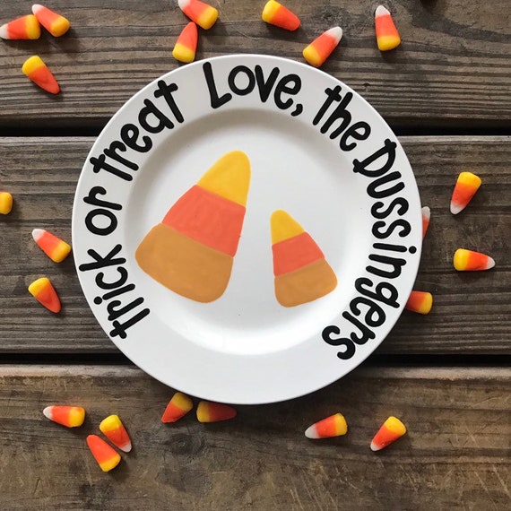 Trick or Treat Candy Corn Halloween Personalized Plate Il_570xn