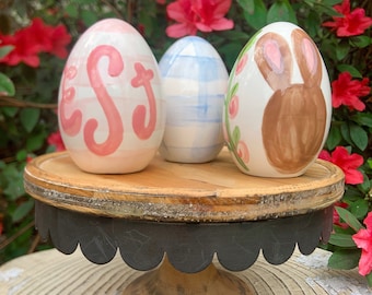 Personalized ceramic Easter eggs preppy gingham blue pink and white