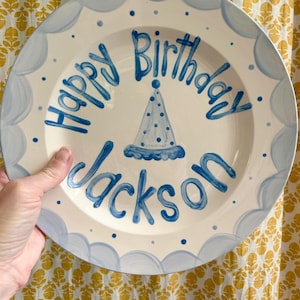 Personalized Boys Birthday Plate: Hand-Painted Ceramic Party Hat
