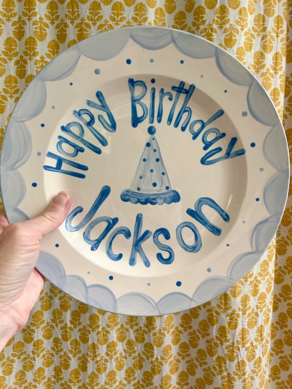 Boys birthday plate // blue scallops and party hat // first birthday // blue  white // smash cake // 1st birthday // grand millennial preppy