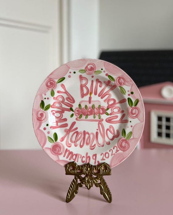 Birthday Plate // Flowers & Scallops Personalized First Birthday Plate Plate, Custom handpainted, Lilly inspired