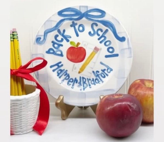 Back to School plate // preppy blue gingham and ribbon // first day of school // blue and white // grand millennial // coastal grandmother