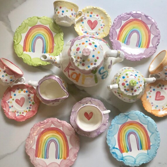 Unicorns & Rainbows Tea set Personalized for Little girls // child's sized Tea Set, Handpainted, Custom, Personalized Il_570xn
