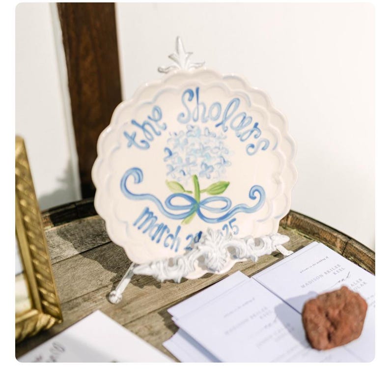 Hand-Painted Hydrangea Wedding Plate: Personalized Scalloped Ceramic