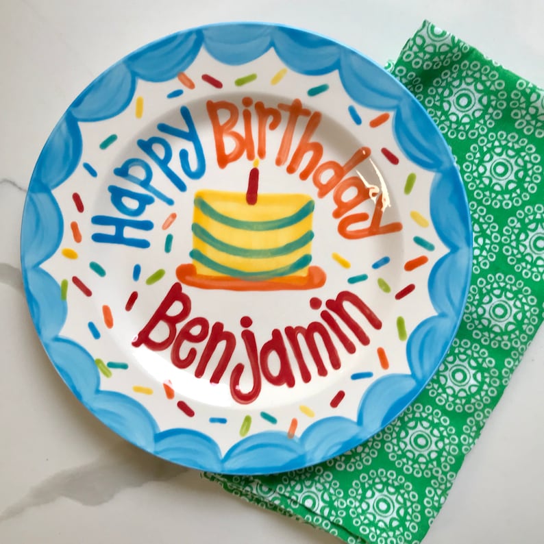Boys Birthday Plate // Scallops & confetti Personalized First Birthday Plate, Custom handpainted // its your day // birthday cake image 3