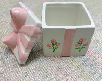Hand-painted Ceramic Keepsake Box: Pink Bow & Roses Nursery Decor