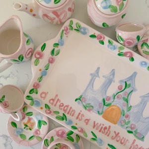 Personalized Princess Tea Set: Hand-Painted Castle & Roses Design