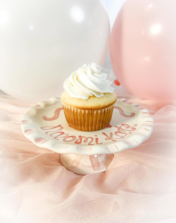 Personalized Pink Bow Smash Cake Stand: Hand-Painted Ceramic First Birthday