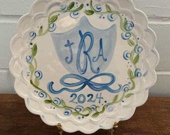 Monogrammed Wedding Plate: Hand-Painted Gingham Vine, Scalloped Ceramic
