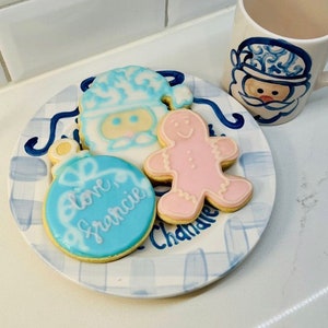 Blue gingham ribbon Cookies and milk for Santa personalized plate & mug / Christmas Plate / Chinoiserie image 2