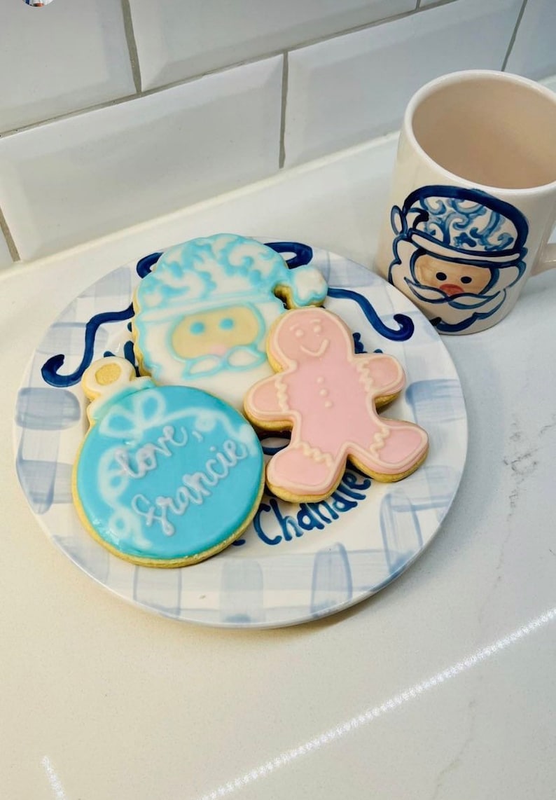Blue gingham ribbon Cookies and milk for Santa personalized plate & mug / Christmas Plate / Chinoiserie image 2