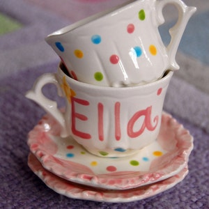 Polka Dots Personalized Child&#39;s Sized Handpainted Tea Cup and Saucer, Tea Party Favor