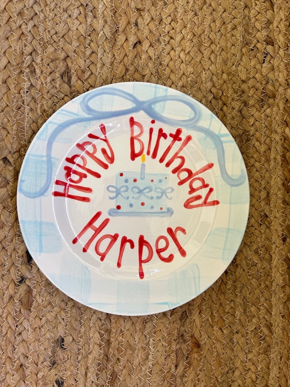 Girls all American birthday plate // Blue gingham  ribbon // first birthday // red  white two // bows  // 1st birthday // grand millennial