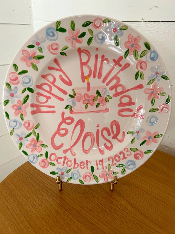Personalized Handpainted Birthday Plate: Pink & Blue Floral