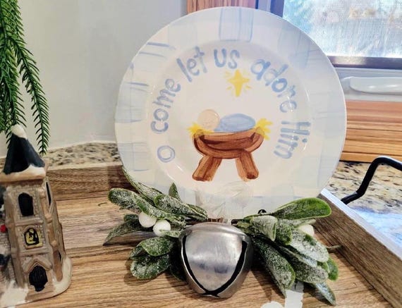 Hand-Painted Nativity Plate: Blue & White Ceramic Christmas Decor