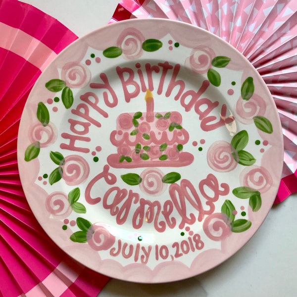 Birthday Plate // Flowers & Scallops Personalized First Birthday Plate Plate, Custom handpainted, Lilly inspired