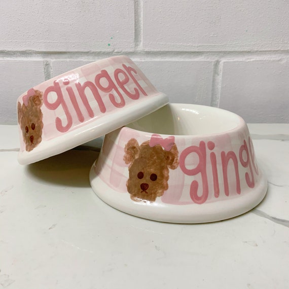 Personalized Puppy Face Dog Bowl Preppy Gingham Handpainted Ceramic Puppy Dish 20 Ounces Etsy