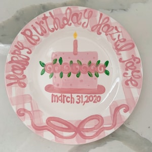 Girls preppy birthday plate // pink gingham and ribbon // first birthday // pink and white // smash cake // 1st birthday // grand millennial image 3