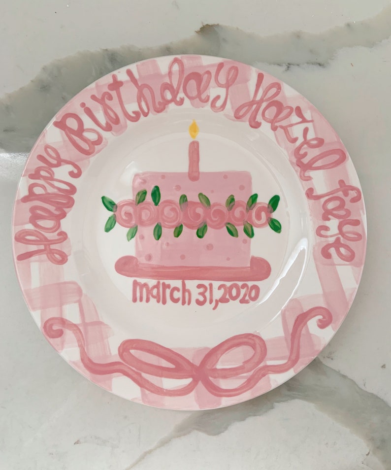 Girls preppy birthday plate // pink gingham and ribbon // first birthday // pink and white // smash cake // 1st birthday // grand millennial image 3