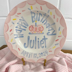Girls Birthday Plate // Pastel Colors Scallops and dots Personalized First Birthday Plate Plate, Custom handpainted, ceramic kiln fired image 10