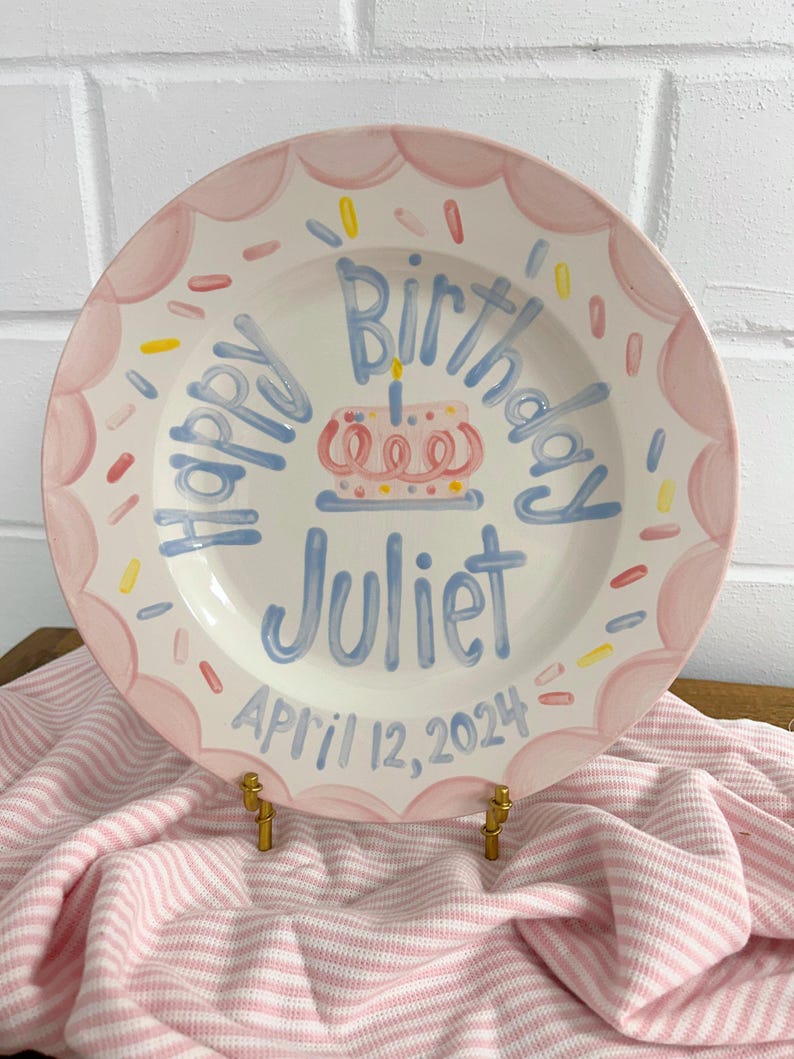 Girls Birthday Plate // Pastel Colors Scallops and dots Personalized First Birthday Plate Plate, Custom handpainted, ceramic kiln fired image 10