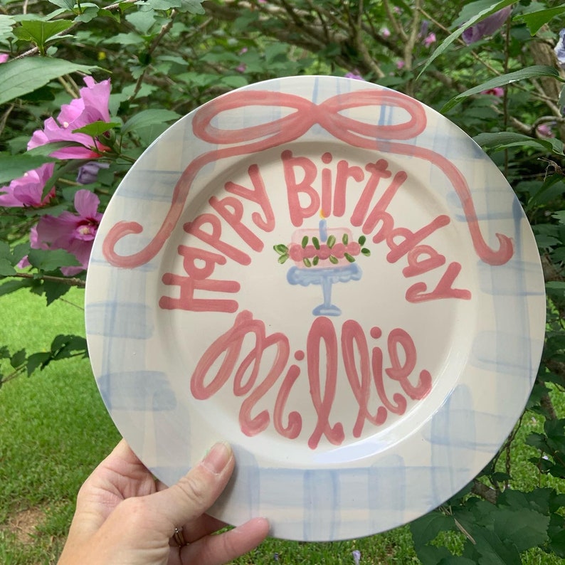 Girls preppy birthday plate // Blue gingham and ribbon // first birthday // pink and white // smash cake // 1st birthday // grand millennial image 4