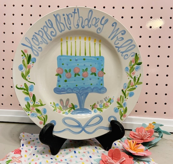 Birthday Plate // Flowers, ribbons and bunny Personalized First Birthday Plate, baby girl Custom handpainted, Preppy bonnet Il_570xn