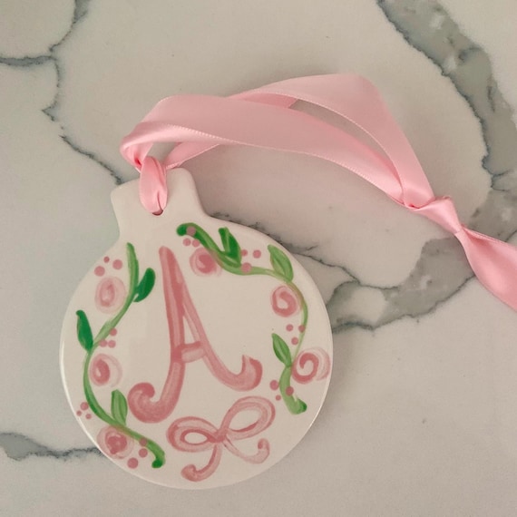 Children's Christmas ornament / First Christmas/ pink and white  / monogram / preppy grand millennial crest / vine ribbon / blue white