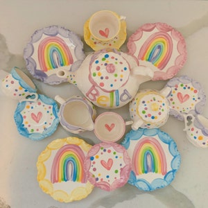 Unicorns & Rainbows Tea set Personalized for Little girls // child's sized Tea Set, Handpainted, Custom, Personalized image 1