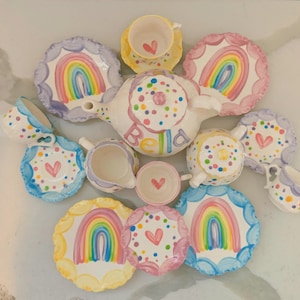 Personalized Unicorn Rainbow Tea Set: Handpainted Ceramic Child&#39;s Tea Party