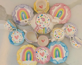 Unicorns & Rainbows Tea set Personalized for Little girls //  child's sized Tea Set, Handpainted, Custom, Personalized