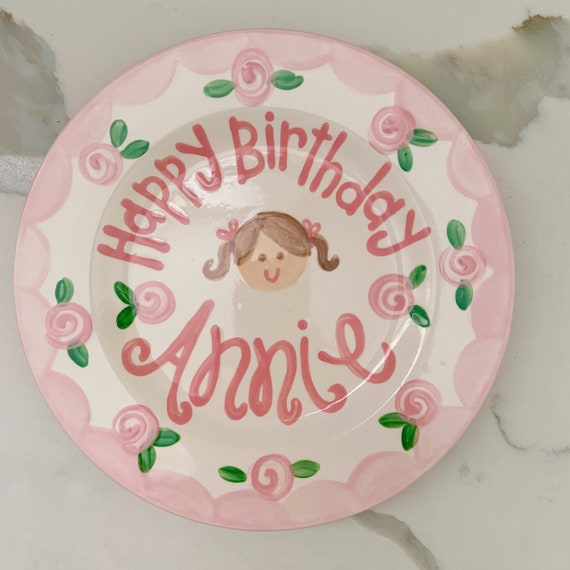 Birthday Plate // portrait Flowers & Scallops Personalized First Birthday Plate Plate, Custom handpainted, Lilly inspired child’s face girls Il_570xn