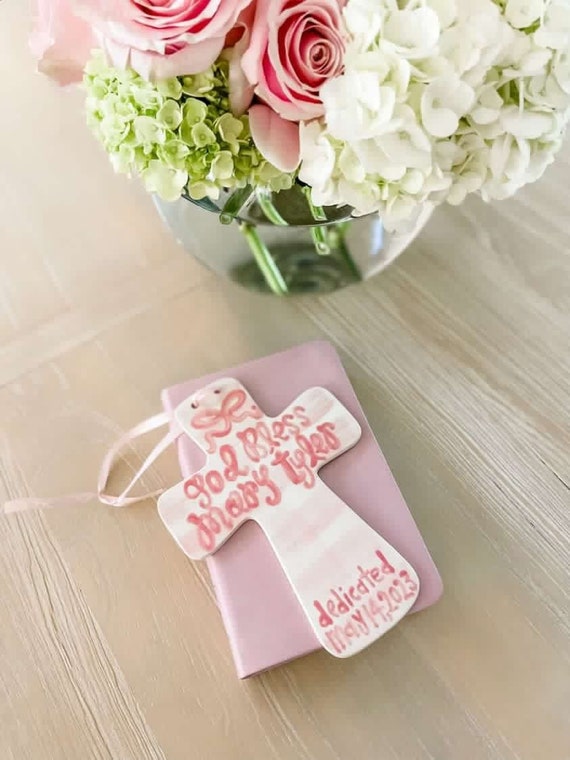 Gingham ceramic cross // pink and white // blue and white // baby gift // baptism // baby dedication // nursery decor