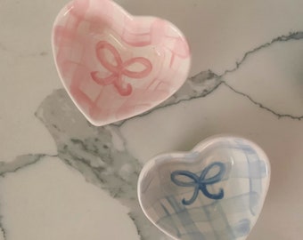 Gingham blue and white or pink and white  gingham and bows ceramic heart trinket dish // preppy // grand millennial