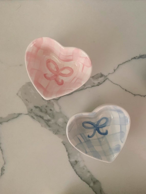 Gingham blue and white or pink and white gingham and bows ceramic heart trinket dish // preppy // grand millennial Il_570xn