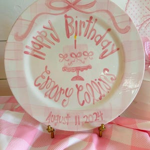 Personalized Birthday Plate, Hand-Painted Ceramic Heirloom bows, gingham and pedestal cake bild 8