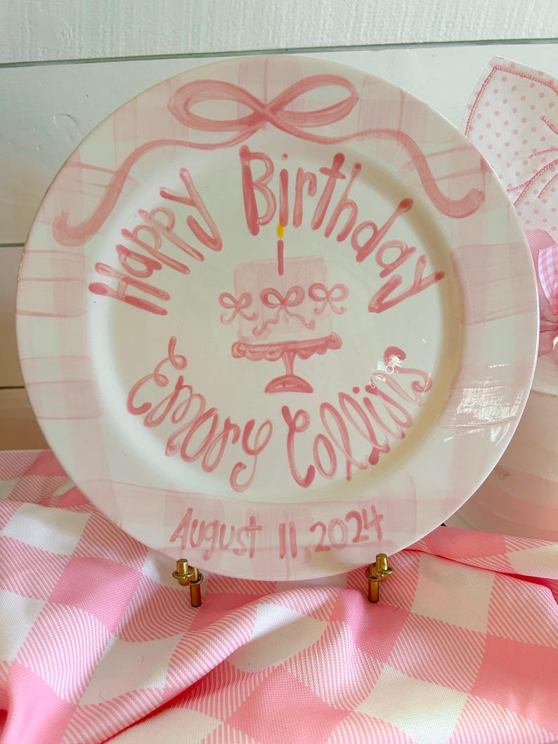 Personalized Birthday Plate, Hand-Painted Ceramic Heirloom bows, gingham and pedestal cake bild 8
