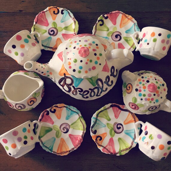 Little Girls Tea Set - polka dots, cupcakes, pennants & flowers Tea set -- Personalized Little Girl's Tea Set Handpainted. . . Il_570xn