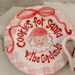 Personalized Cookies for Santa Plate: Hand-Painted Red and Pink Gingham Christmas Plate salad size