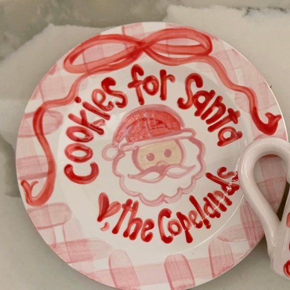 Pink and Red Gingham and Ribbon Cookies and milk for Santa personalized plate