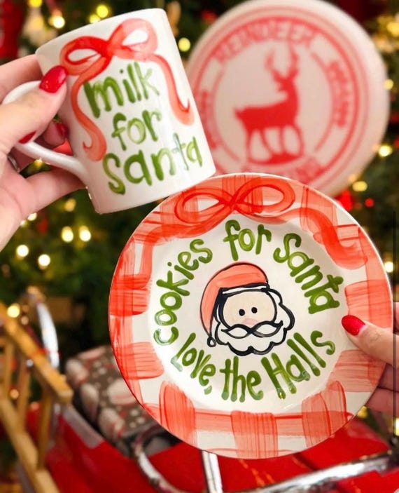 Ribbon & Gingham Cookies for Santa  / mug and personalized   plate set  / Christmas Plate