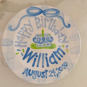 Boys preppy birthday plate // blue gingham and ribbon // first birthday // blue and white // smash cake // 1st birthday // grand millennial image 5