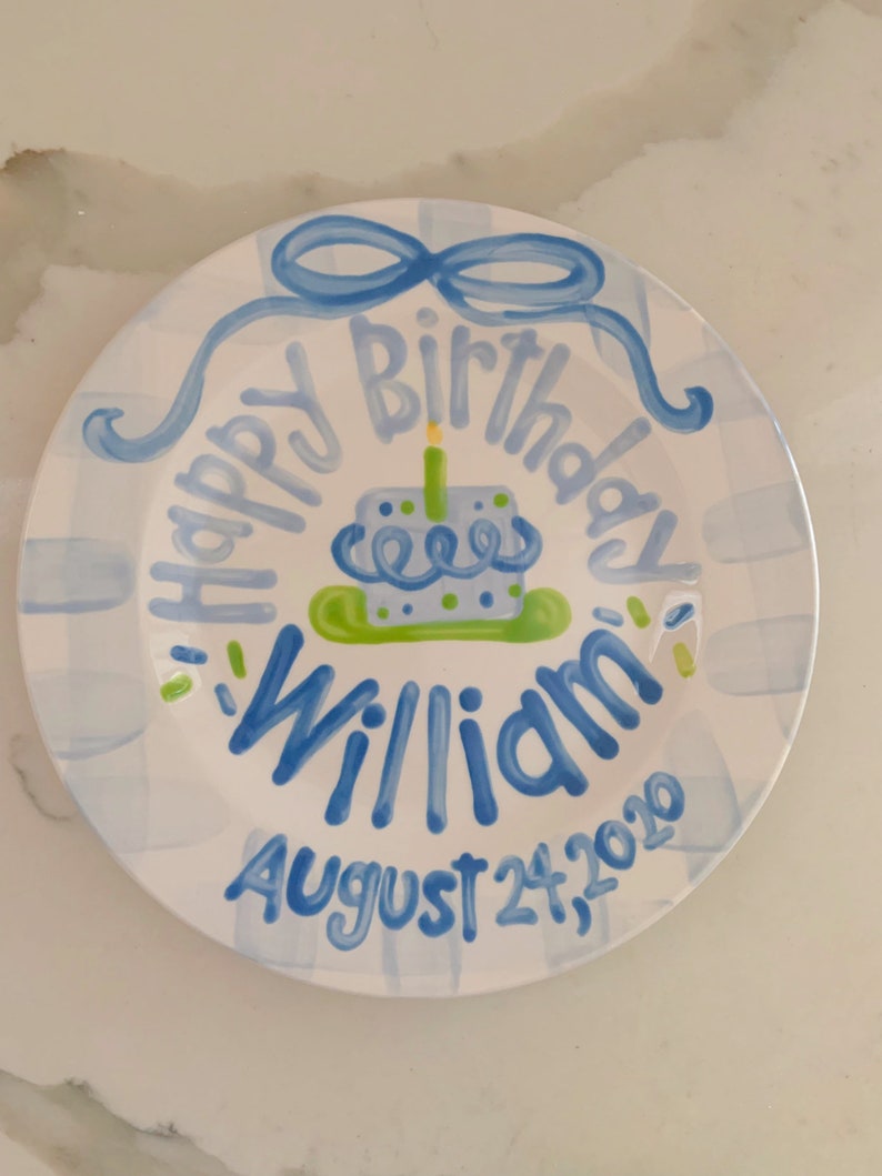 Boys preppy birthday plate // blue gingham and ribbon // first birthday // blue and white // smash cake // 1st birthday // grand millennial image 5