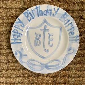Monogrammed Birthday Plate: Hand-Painted Ceramic, Blue Gingham Ribbon