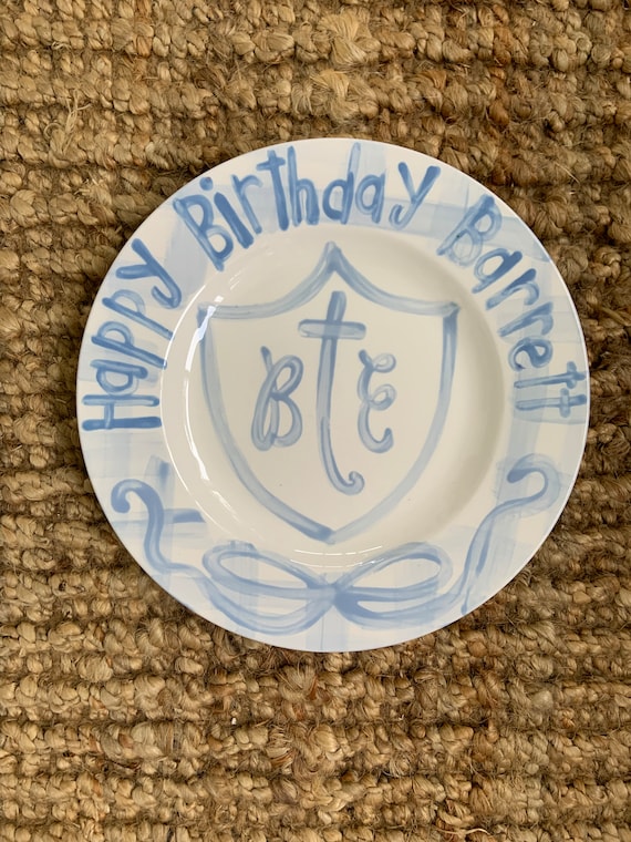 Boys monogram preppy birthday plate / gingham ribbon / first birthday / blue & white / smash cake / 1st birthday / grand millennial / crest
