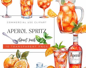 Aperol Spritz Clipart, Watercolour, Commercial Use, Transparent Background, PNG