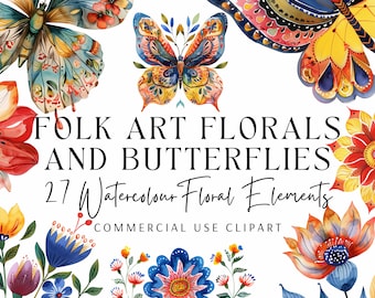 Folk Art Florals and Butterflies Clipart Pack, Watercolour, Junk Journal Art, Invitations, Transparent Background, PNG