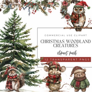 Pack de cliparts créatures des bois de Noël, aquarelle, journaux indésirables, faire-part, décoration murale, fond transparent, PNG